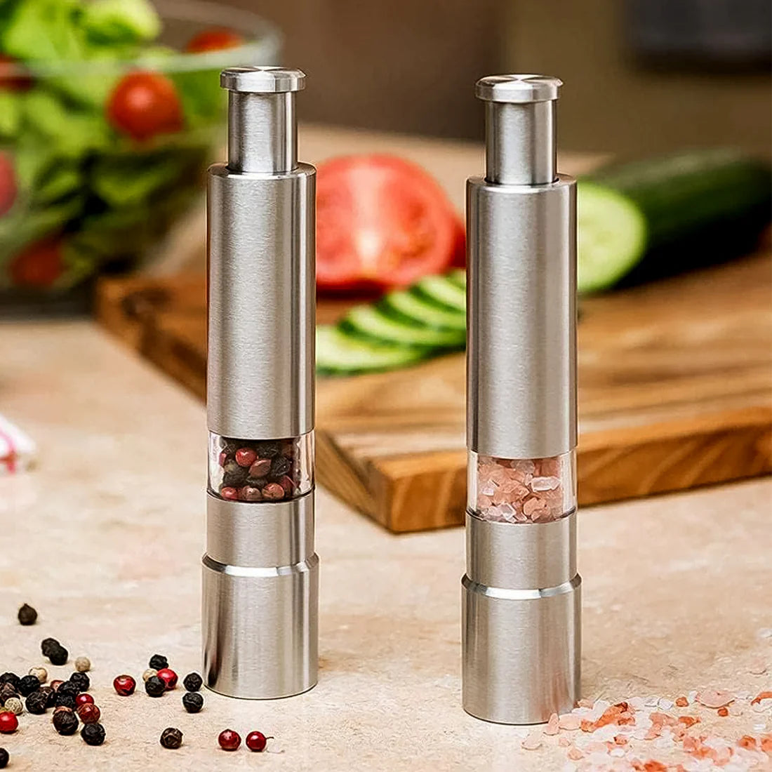 Thumb Press Grinder – Steel Salt & Pepper Mill