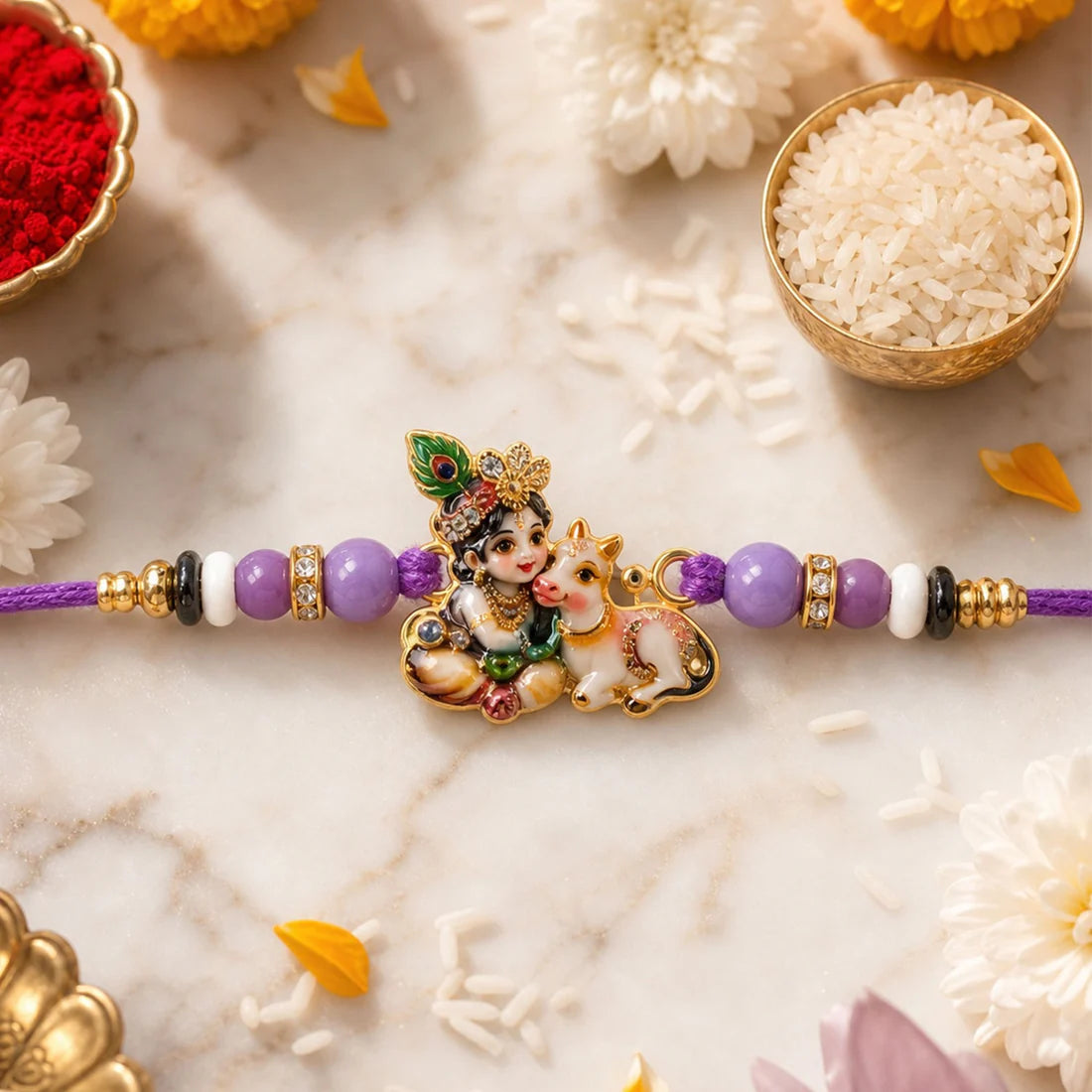 Bal Krishna Rakhi – Divine Cow & Beaded Tradition for Raksha Bandhan