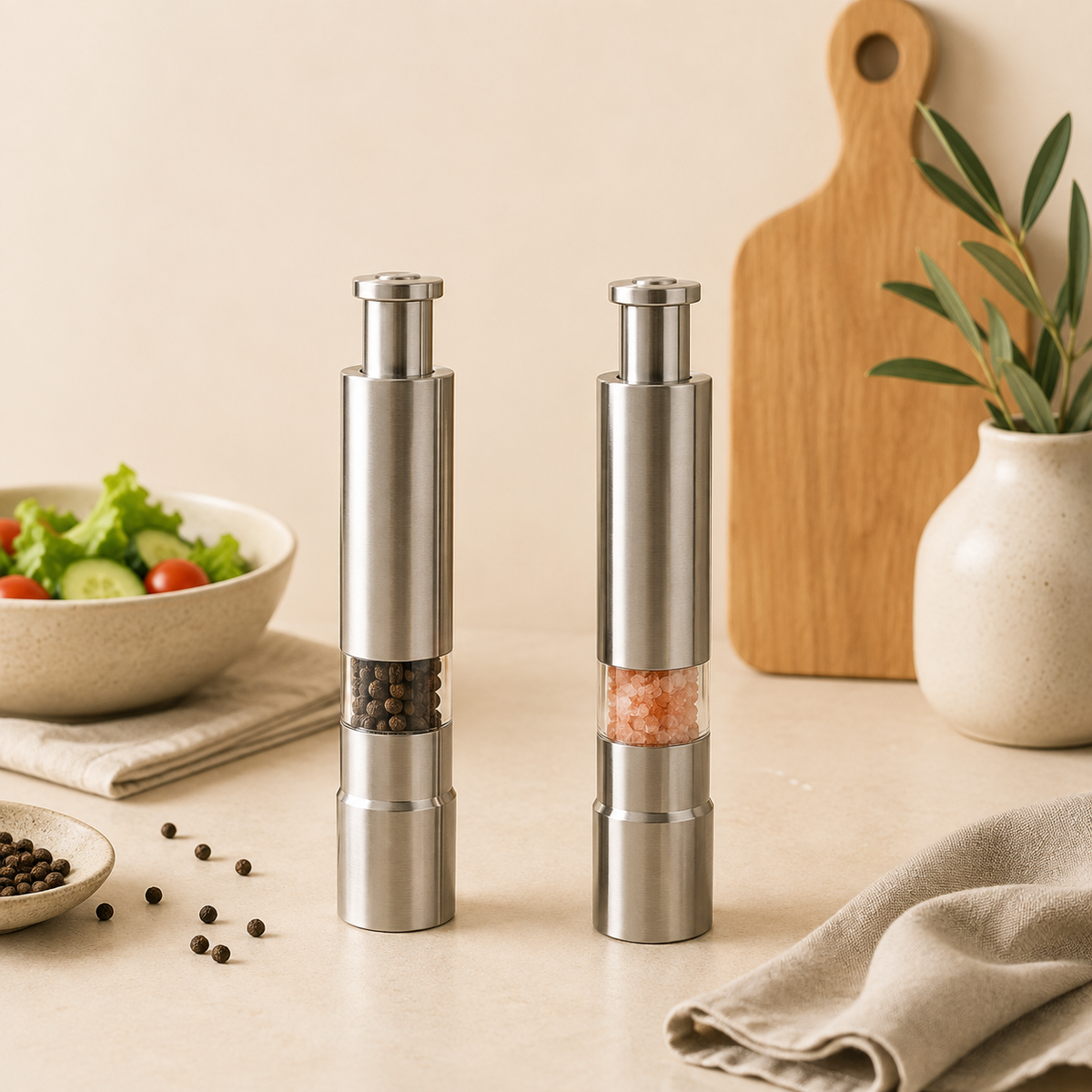 Thumb Press Grinder – Steel Salt & Pepper Mill